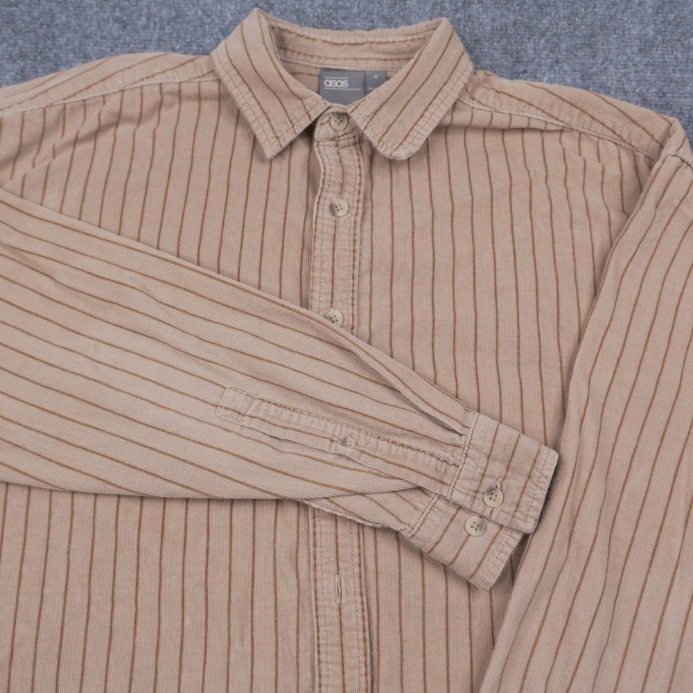 ASOS Corduroy Button Down Shirt Mens Medium Tan Brown Striped Long Sleeve Cotton
